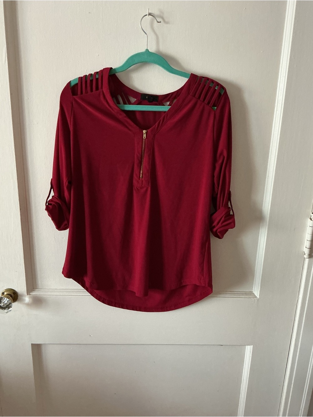 Women's Burgundy Cutout Shoulder Zip-Front Blouse with Roll-Tab Sleeves